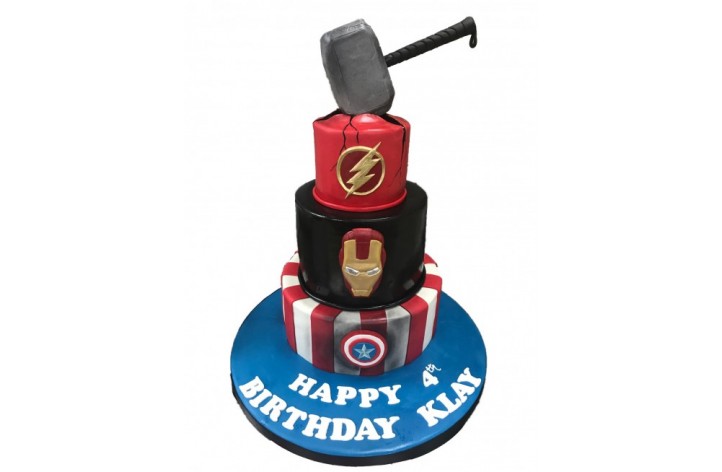 Avengers Tiered Cake With Thor Hammer 